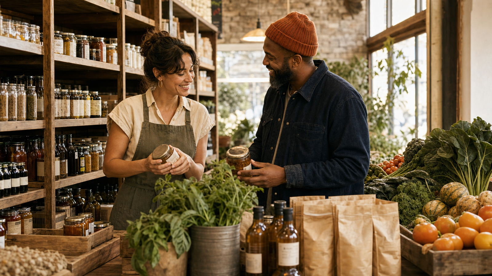 An independent grocer and an emerging-brand founder talking beside locally stocked shelves in a sunlit neighborhood market.