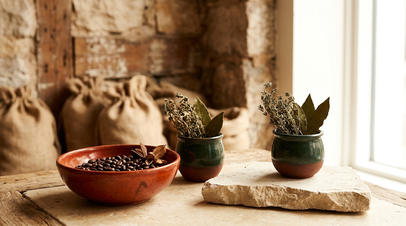 Coffee, herbs, ceramics, and natural materials arranged in warm window light.